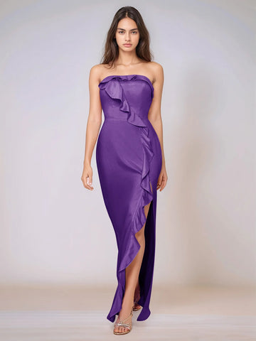 Ruffle Side Split Acetate Satin Bridesmaid Dress