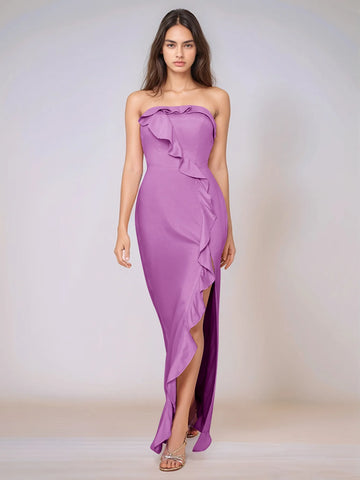 Ruffle Side Split Acetate Satin Bridesmaid Dress