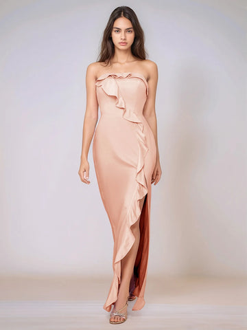 Ruffle Side Split Acetate Satin Bridesmaid Dress