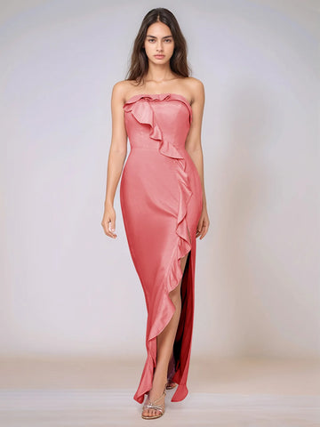 Ruffle Side Split Acetate Satin Bridesmaid Dress