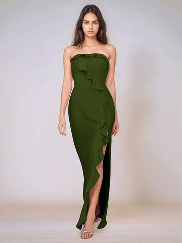 Ruffle Side Split Acetate Satin Bridesmaid Dress