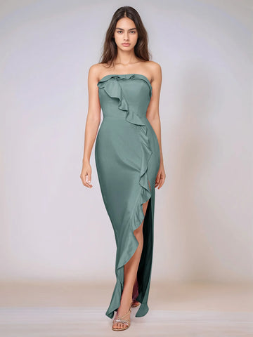 Ruffle Side Split Acetate Satin Bridesmaid Dress
