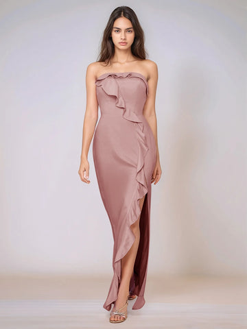 Ruffle Side Split Acetate Satin Bridesmaid Dress