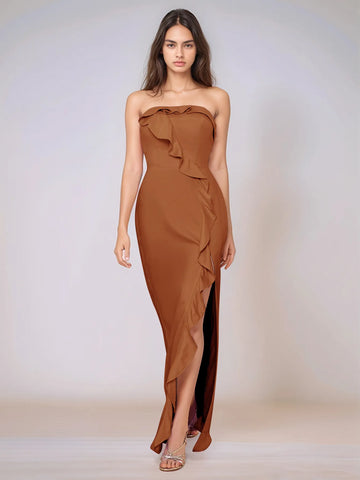 Ruffle Side Split Acetate Satin Bridesmaid Dress