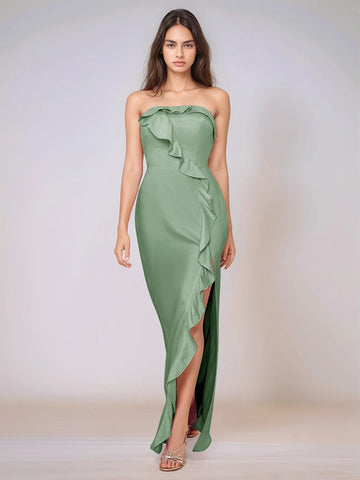 Ruffle Side Split Acetate Satin Bridesmaid Dress