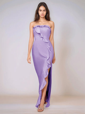 Ruffle Side Split Acetate Satin Bridesmaid Dress