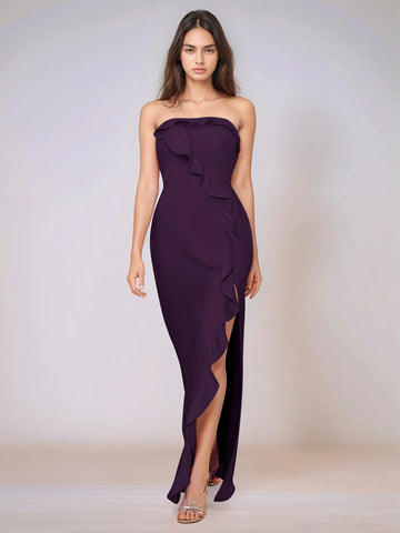 Ruffle Side Split Acetate Satin Bridesmaid Dress