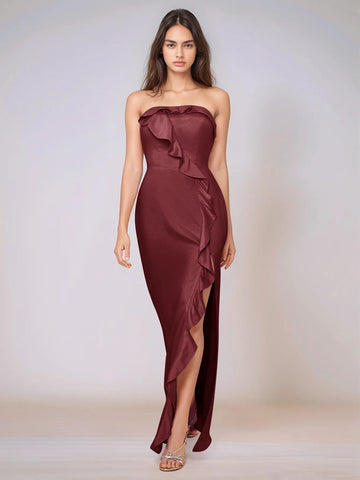 Ruffle Side Split Acetate Satin Bridesmaid Dress