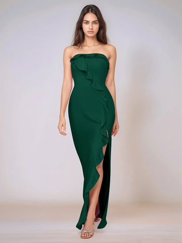 Ruffle Side Split Acetate Satin Bridesmaid Dress