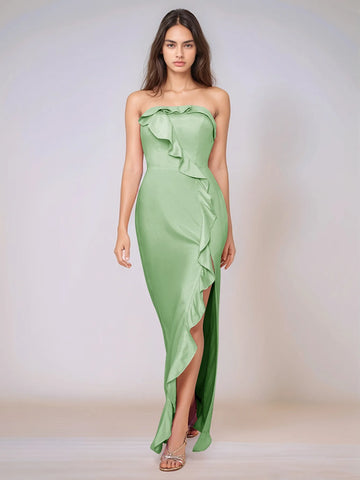 Ruffle Side Split Acetate Satin Bridesmaid Dress