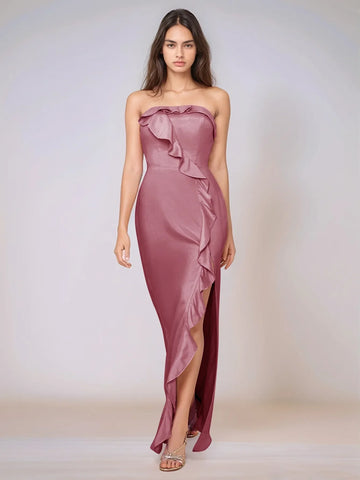Ruffle Side Split Acetate Satin Bridesmaid Dress