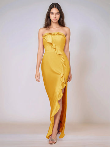 Ruffle Side Split Acetate Satin Bridesmaid Dress
