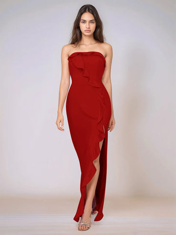 Ruffle Side Split Acetate Satin Bridesmaid Dress