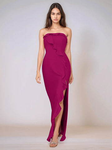 Ruffle Side Split Acetate Satin Bridesmaid Dress