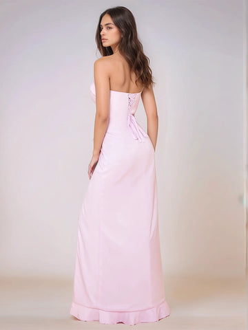 Ruffle Side Split Acetate Satin Bridesmaid Dress