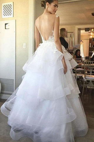 Ivory Organza Backless See-through Lace Appliqued Long Wedding Dresses