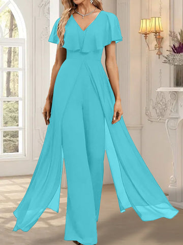 Jumpsuit/Hosenanzug V-Ausschnitt Bodenlanges Chiffon Abendkleid