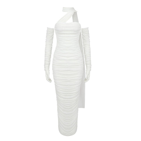 Weißes langes Kleid mit Netzband und hängendem Hals