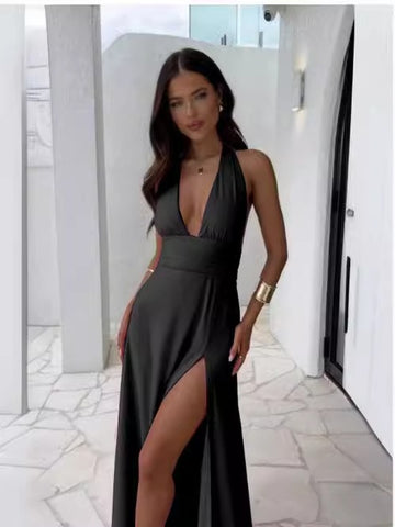 New Fashion Hanging Neck Split Lace Solid Color Dress for Women