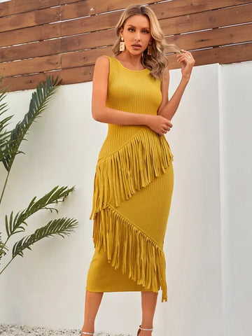 Sommergelbes Quastenkleid Hüftwickelkleid Verbandkleid