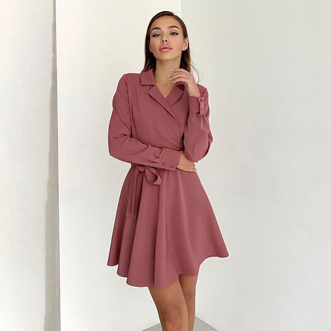 Frühlingsneues elegantes Kleid mit Anzugkragen, langen Ärmeln und Schnürung, Schleife, hoher Taille, A-Linien-Kleid