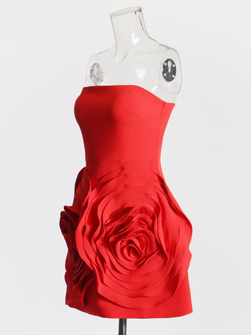 Lady style tube top A-line dress party dress three-dimensional rose large flower patchwork dress for women