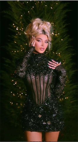 Nouvelle robe noire à manches longues avec bandage et paillettes en maille et perles pour banquet et fête annuelle 