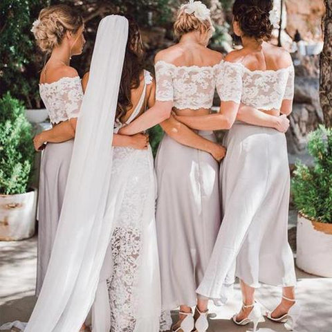 Beautiful Chiffon Lace Top Two pieces Short Sleeve Beach Wedding Bridesmaid Dress