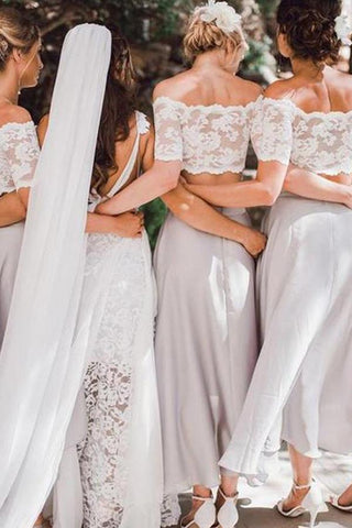 Beautiful Chiffon Lace Top Two pieces Short Sleeve Beach Wedding Bridesmaid Dress