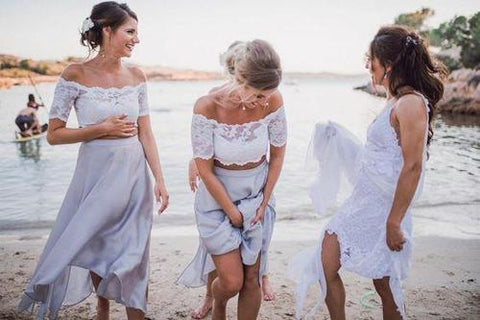 Beautiful Chiffon Lace Top Two pieces Short Sleeve Beach Wedding Bridesmaid Dress