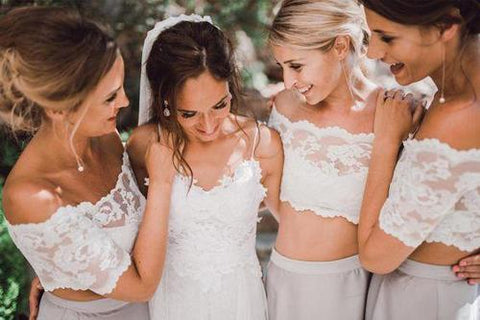 Beautiful Chiffon Lace Top Two pieces Short Sleeve Beach Wedding Bridesmaid Dress