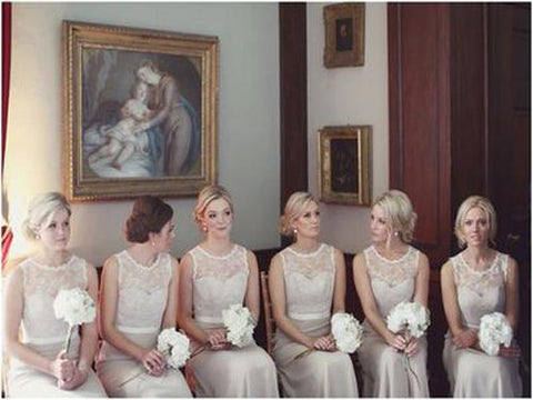 Chiffon Lace A-line Scoop Neck Ribbons Open Back Long Bridesmaid Dresses