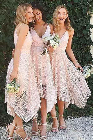 Spaghetti Straps Lace V-neck A-line Bridesmaid Dresses, Homecoming Dress
