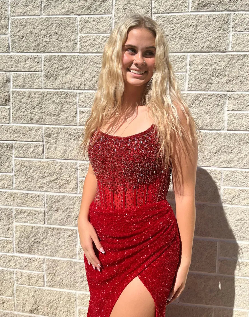 Sparkly Champagne Strapless Sequins Bodycon Long Corset Prom Dress with Beading