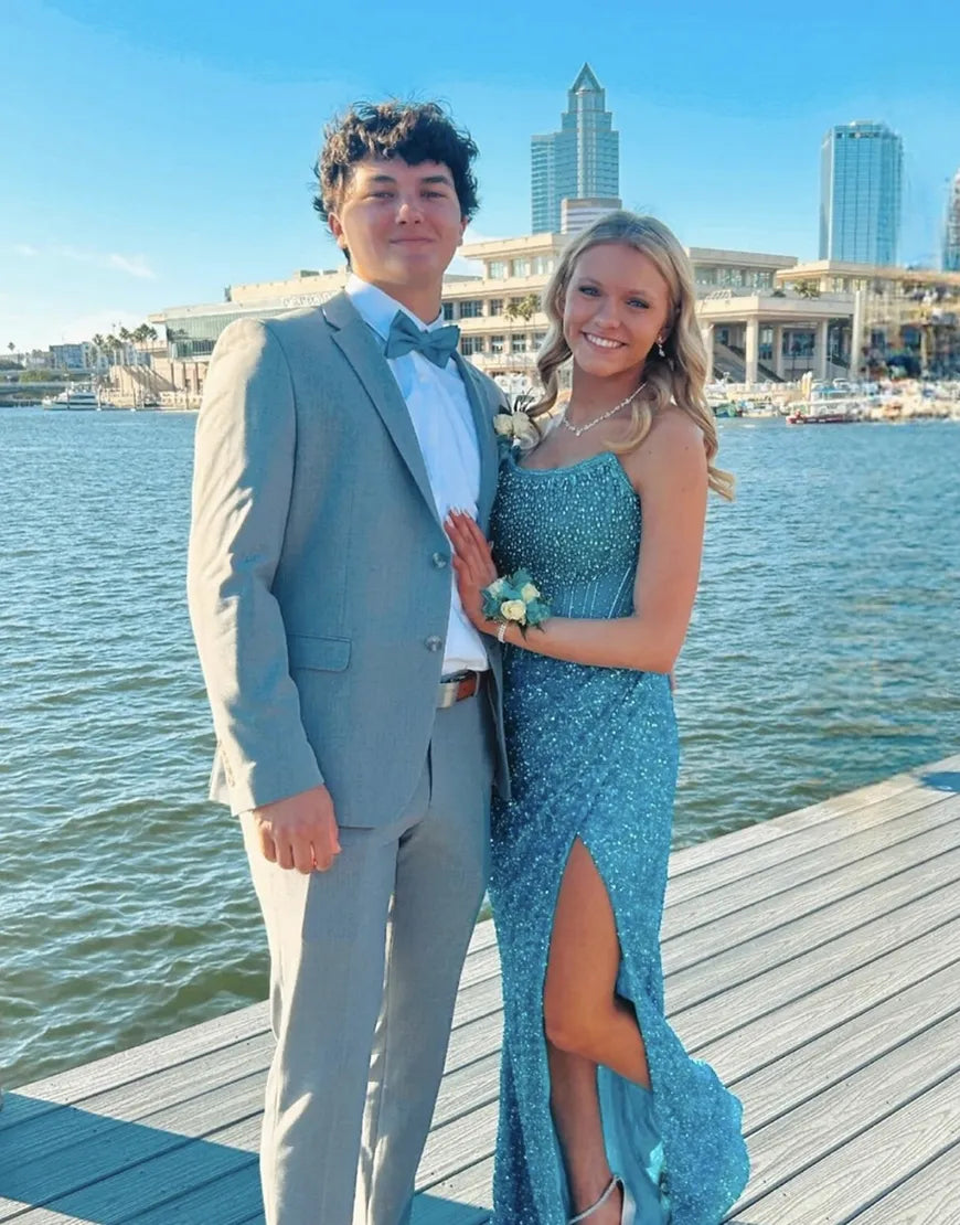 Sparkly Champagne Strapless Sequins Bodycon Long Corset Prom Dress with Beading