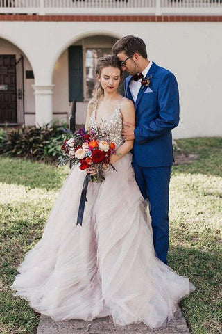 Ball Gown Beaded Bodice Deep V-neck Wedding Dresses, Bridal Gown