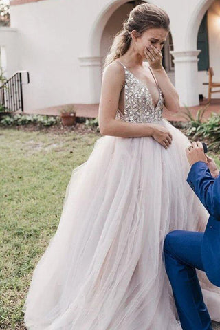 Ball Gown Beaded Bodice Deep V-neck Wedding Dresses, Bridal Gown