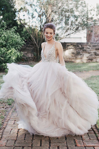 Ball Gown Beaded Bodice Deep V-neck Wedding Dresses, Bridal Gown