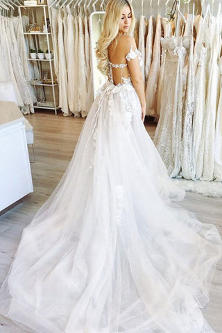 Ball Gown Off the Shoulder Open Back Lace Long Wedding Dresses,Fairy Wedding Gowns