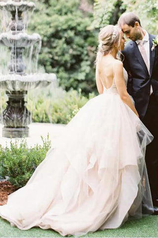 Ball Gown Tulle Spaghetti Straps Open Back Wedding Dresses, Bridal Gown