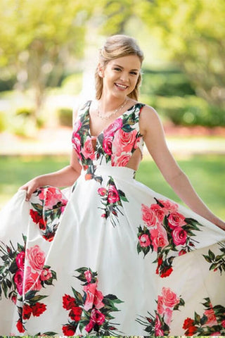 A-line Floral Straps Sleeveless Long Prom Dresses, Evening Gown