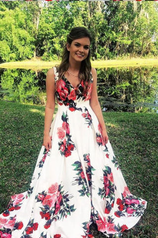 A-line Floral Straps Sleeveless Long Prom Dresses, Evening Gown