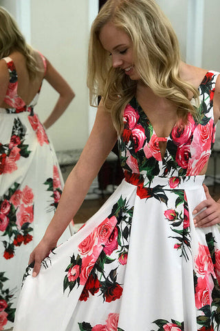 A-line Floral Straps Sleeveless Long Prom Dresses, Evening Gown
