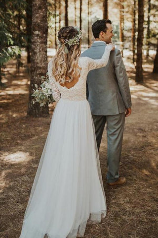 A-line Tulle Lace Long Sleeves Wedding Dresses, Bridal Gowns