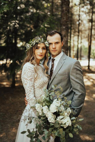 A-line Tulle Lace Long Sleeves Wedding Dresses, Bridal Gowns