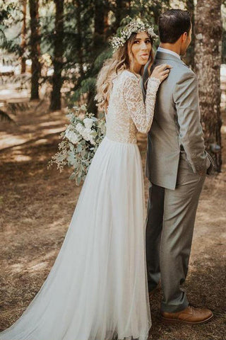 A-line Tulle Lace Long Sleeves Wedding Dresses, Bridal Gowns