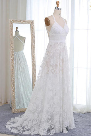 A-line V-neck Lace Straps Long Wedding Dresses, Bridal Dress