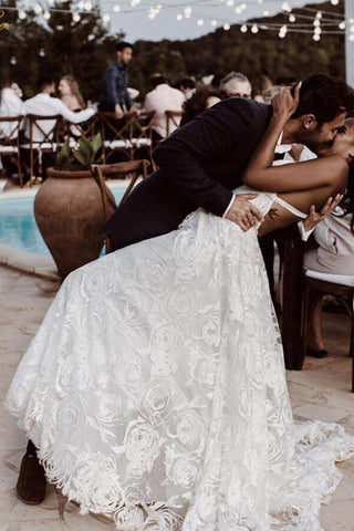 A-line V-neck Lace Straps Long Wedding Dresses, Bridal Dress