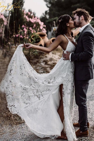 A-line V-neck Lace Straps Long Wedding Dresses, Bridal Dress
