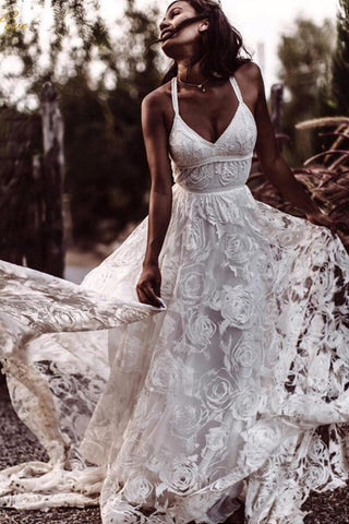A-line V-neck Lace Straps Long Wedding Dresses, Bridal Dress